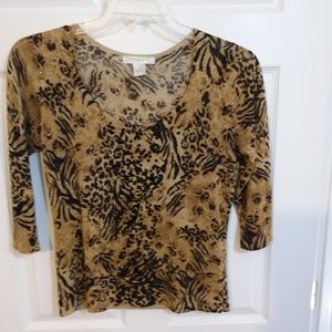 August Silk Animal Print shimmery gold Top.  3/4 sleeve with scoop neck. Sz M